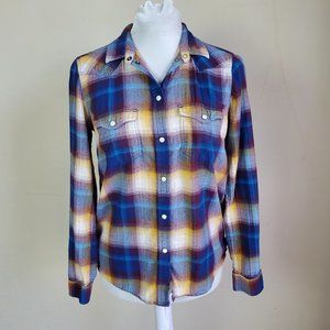 American Eagle Flannel Shirt Women’s S Purple Navy Plaid Soft Boyfriend Fit Snap